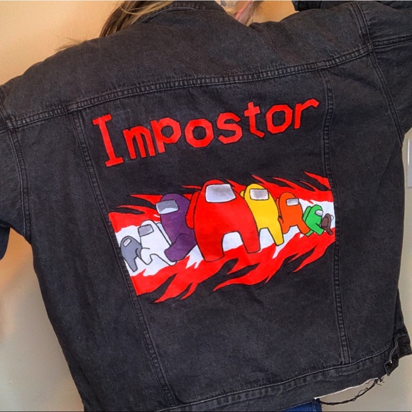 AMONG US IMPOSTOR Hand Painted Black Denim Jacket - Picture 5 of 6